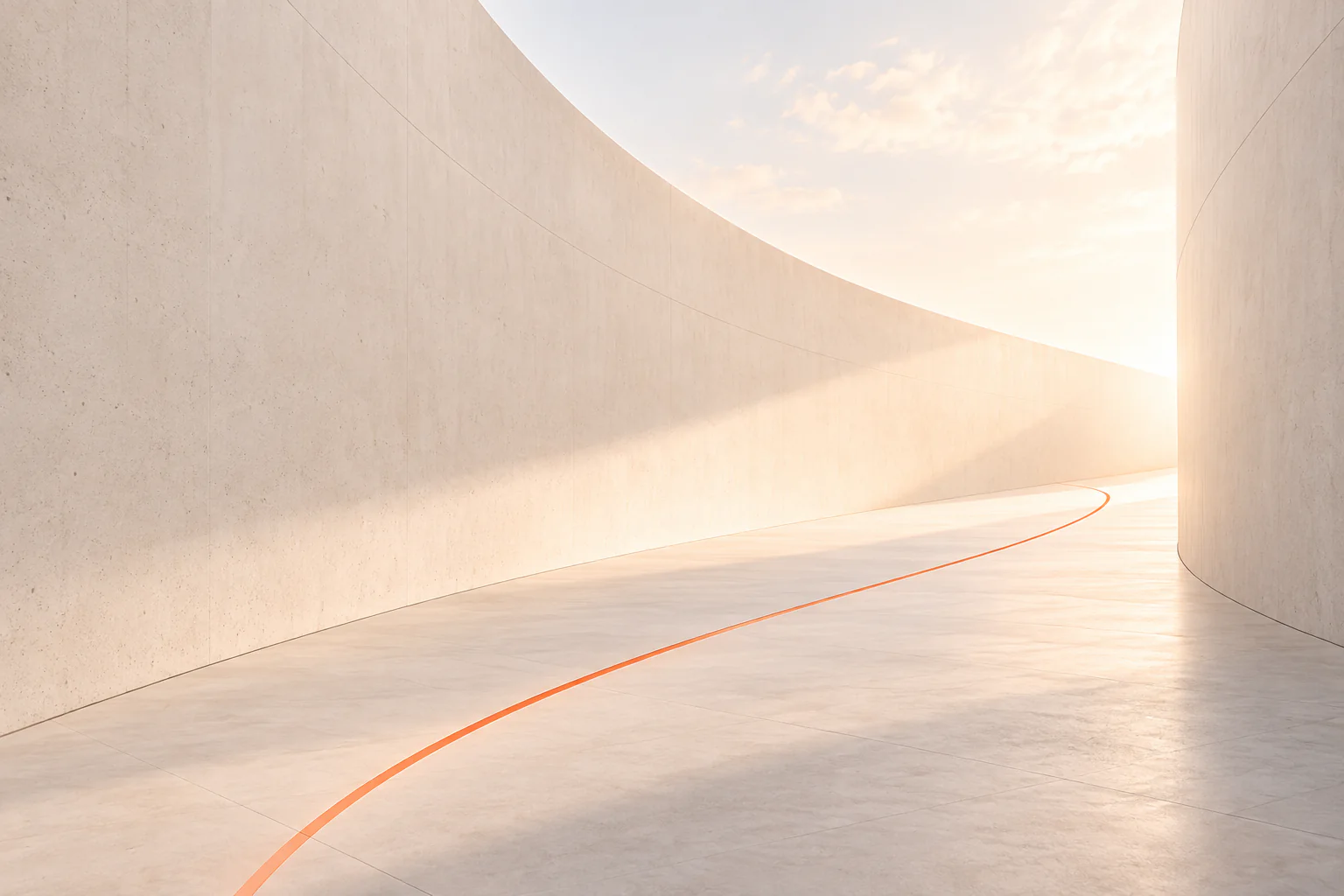 A warm architectural passage guided by a subtle orange path toward the light